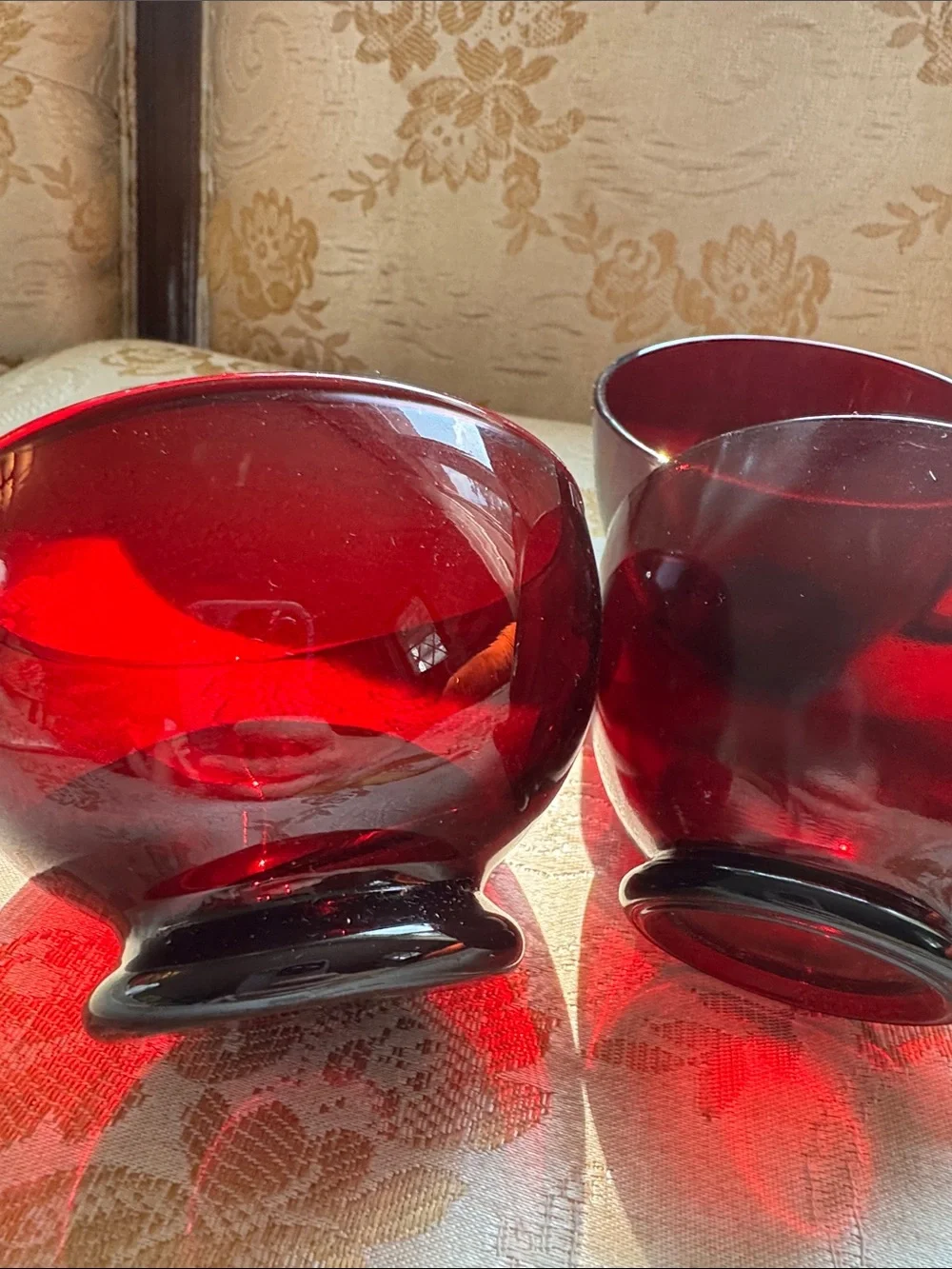 Set of Two Ruby Red Glass Cups and bowl